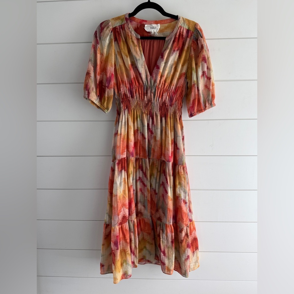 ba&sh Multicolor Tiered Midi Dress in Coral, Yellow & Cream, Size S